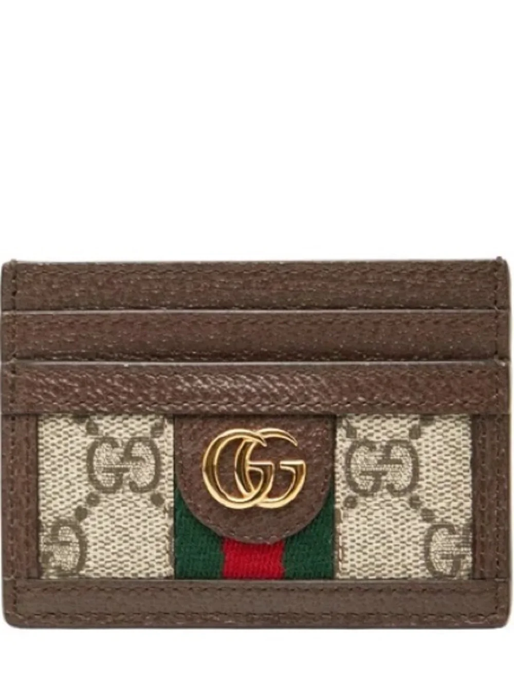 Gucci Brown GG Canvas Card Holder with Green Red Web and Gold Hardware